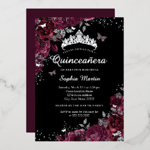Bourgogne Black Floral Elegant Zilver Quinceanera Folie Uitnodiging