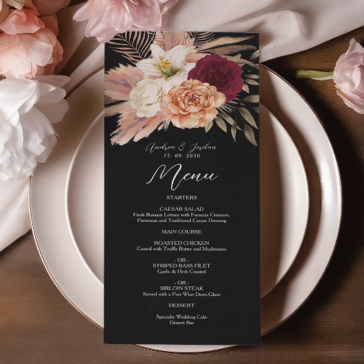 Bourgogne Black Floral Wedding Menu