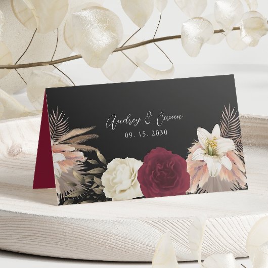 Bourgogne Black Floral Wedding Place Card Plaatskaartje