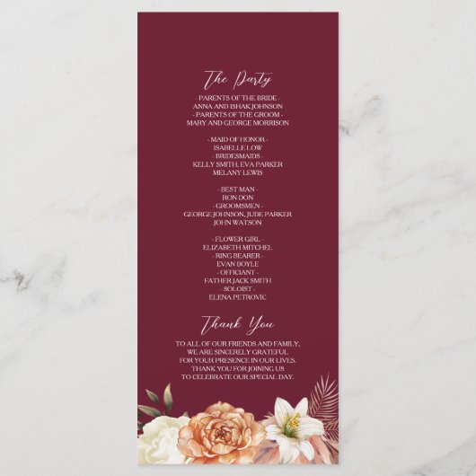 Bourgogne Black Floral Wedding Programmakaart (Achterkant)