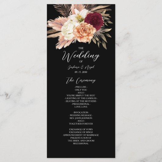 Bourgogne Black Floral Wedding Programmakaart (Voorkant)
