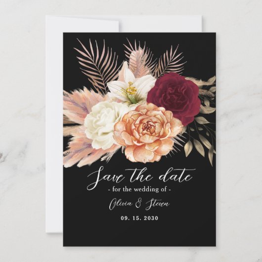 Bourgogne Black Floral Wedding Save The Date (Voorkant)