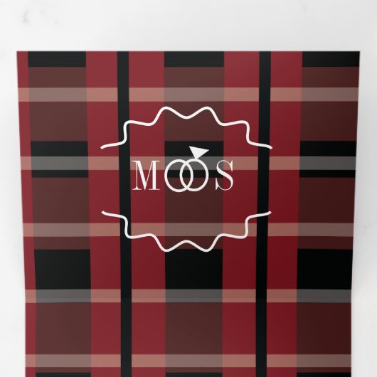 Bourgogne Black Plaid White Ring Logo bruiloft Drieluik Uitnodiging (Binnenzijde eerst)