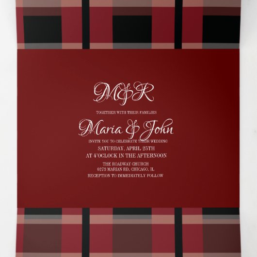 Bourgogne Black Plaid White Ring Logo bruiloft Drieluik Uitnodiging (Binnenkant midden)
