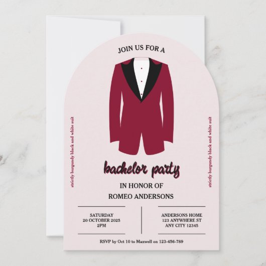 Bourgogne Black Tuxedo Bachelor Party Uitnodiging (Voorkant)