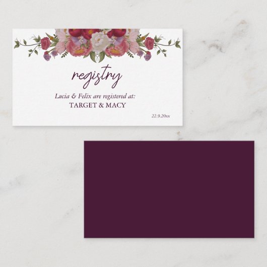 Bourgogne Blad en Bloemen Bruiloft Geregistreerde  Informatiekaartje (Voorkant / Achterkant)