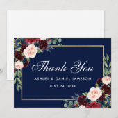 Bourgogne Blauw Bloemen Goud Bruiloft Bedankkaart (Voorkant / Achterkant)