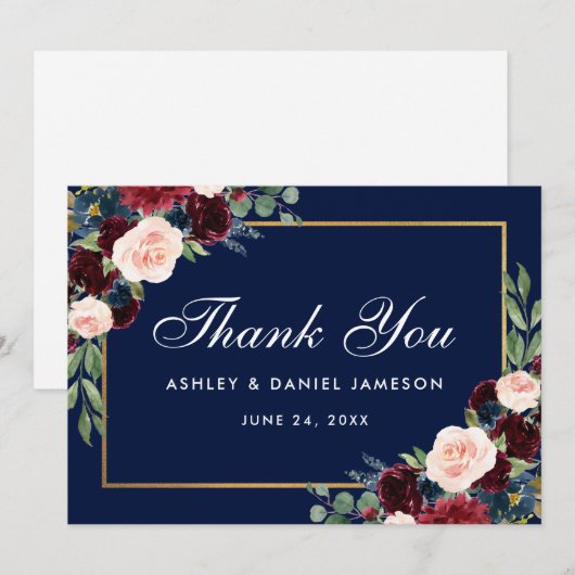 Bourgogne Blauw Bloemen Goud Bruiloft Bedankkaart (Voorkant / Achterkant)