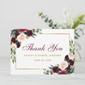 Bourgogne Blauw Bloemen Goud Bruiloft Bedankt BG (Staand voorkant)