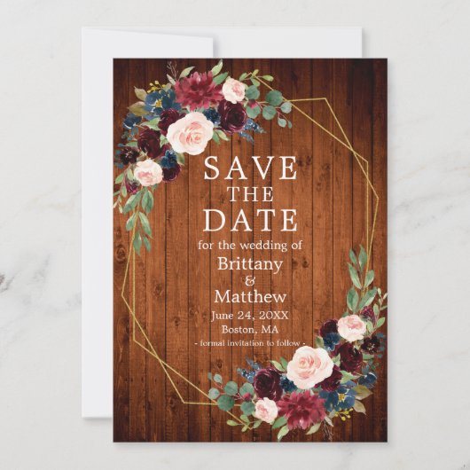 Bourgogne Blauw Bloemen Hout Geo Lijst Foto Save The Date (Voorkant)
