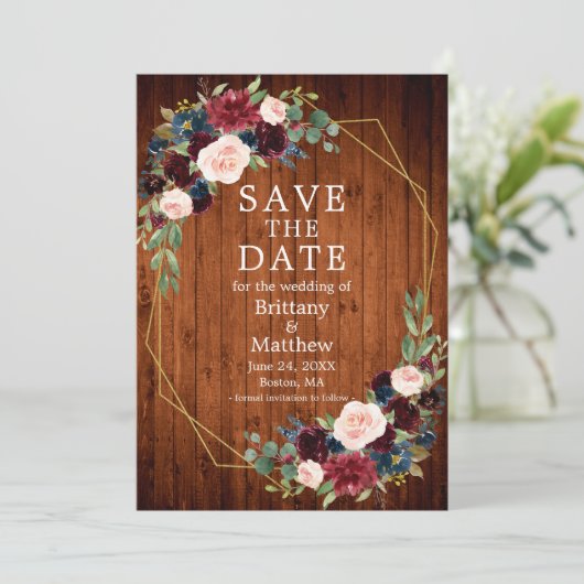 Bourgogne Blauw Bloemen Hout Geo Lijst Foto Save The Date (Staand voorkant)