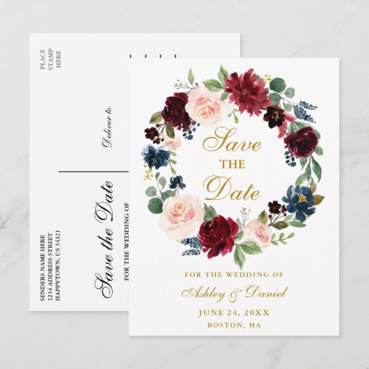 Bourgogne Blauw Bloemen Krans Goud Save the Date Aankondigingskaart (Voorkant / Achterkant)