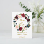 Bourgogne Blauw Bloemen Krans Goud Save the Date Aankondigingskaart (Staand voorkant)