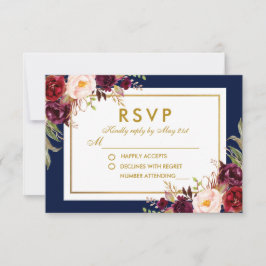 Bourgogne Blauw Goud Waterverf Bloemen Bruiloft RS RSVP Kaartje