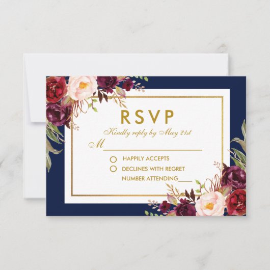 Bourgogne Blauw Goud Waterverf Bloemen Bruiloft RS RSVP Kaartje (Voorkant)