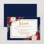 Bourgogne Blauw Goud Waterverf Bloemen Bruiloft RS RSVP Kaartje (Voorkant / Achterkant)