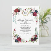 Bourgogne | Blauw |Marsala Floral Waterverf Weddin Kaart (Staand voorkant)