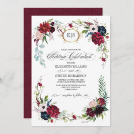 Bourgogne | Blauw |Marsala Floral Waterverf Weddin Kaart