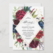 Bourgogne | Blauw |Marsala Floral Waterverf Weddin Kaart (Voorkant)