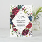 Bourgogne | Blauw |Marsala Floral Waterverf Weddin Kaart (Staand voorkant)