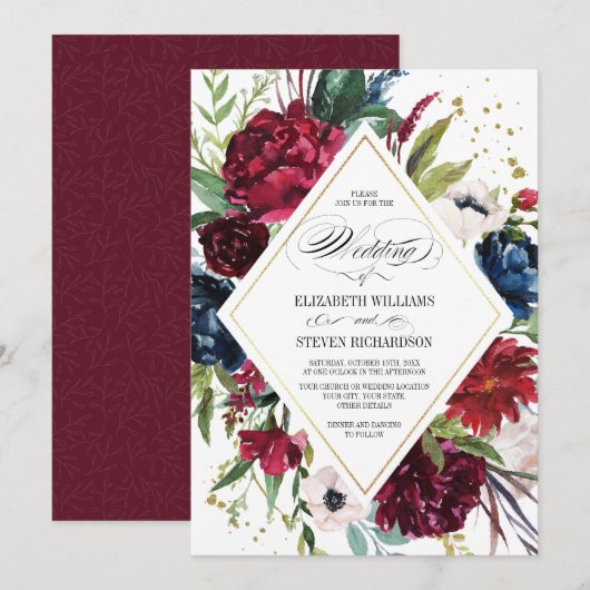 Bourgogne | Blauw |Marsala Floral Waterverf Weddin Kaart (Voorkant / Achterkant)
