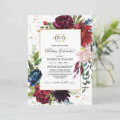 Bourgogne | Blauw |Marsala Floral Waterverf Weddin Kaart (Staand voorkant)