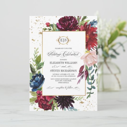Bourgogne | Blauw |Marsala Floral Waterverf Weddin Kaart (Staand voorkant)