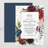 Bourgogne | Blauw |Marsala Floral Waterverf Weddin Kaart (Voorkant / Achterkant)
