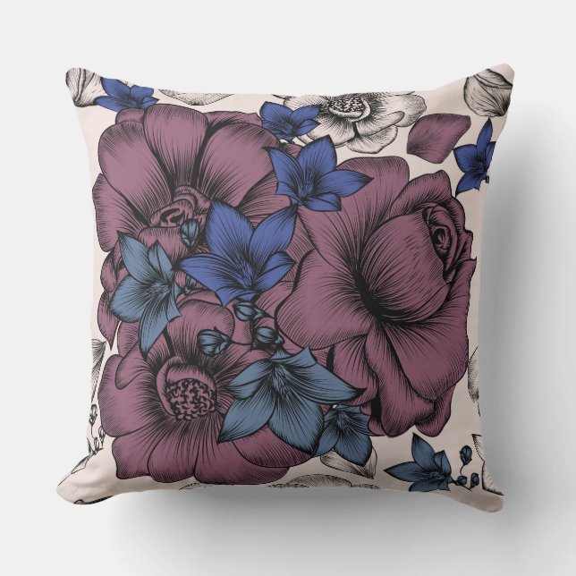 Bourgogne/blauw/Tan Floral Pillow Kussen (Voorkant)