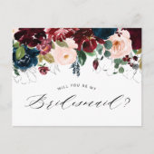 Bourgogne Blauwe Bloemen Bruidsmeisje Voorstelkaar Uitnodiging Briefkaart (Voorkant)