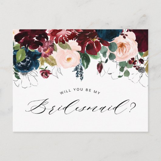 Bourgogne Blauwe Bloemen Bruidsmeisje Voorstelkaar Uitnodiging Briefkaart (Voorkant)