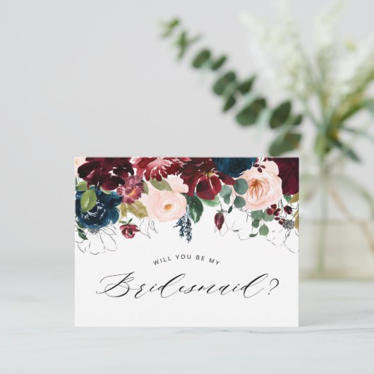 Bourgogne Blauwe Bloemen Bruidsmeisje Voorstelkaar Uitnodiging Briefkaart (Staand voorkant)