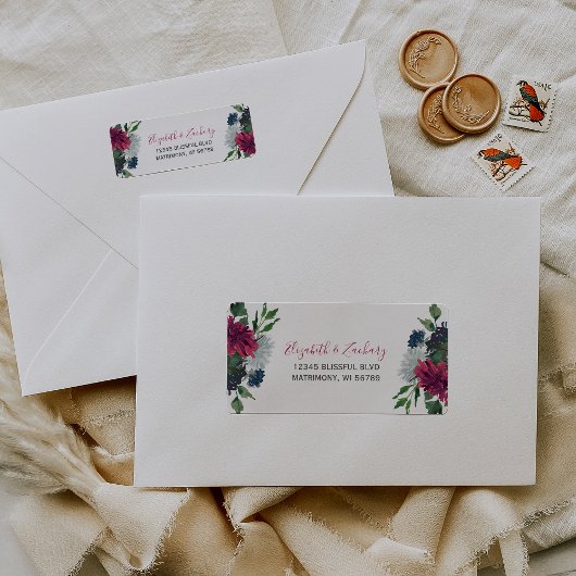 Bourgogne Blauwe Bloemen Huwelijk Retouradres Etiket