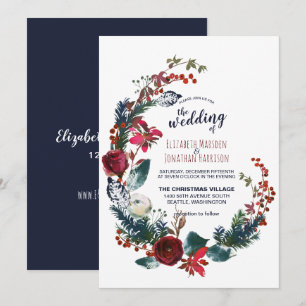 Bourgogne Blauwe Bloemen Kerstmis Greenery bruilof Kaart