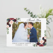 Bourgogne Blauwe Bloemen Trouwfoto Bedankkaart (Staand voorkant)