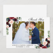 Bourgogne Blauwe Bloemen Trouwfoto Bedankkaart (Voorkant / Achterkant)