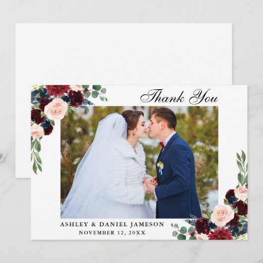 Bourgogne Blauwe Bloemen Trouwfoto Bedankkaart (Voorkant / Achterkant)