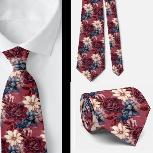 Bourgogne Blauwe Periwinkle Blush Roze Bloemen Stropdas