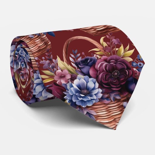 Bourgogne Blauwe Periwinkle Blush Roze Bloemen Stropdas (Opgerold)