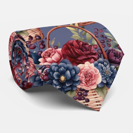 Bourgogne Blauwe Periwinkle Blush Roze Bloemen Stropdas (Opgerold)