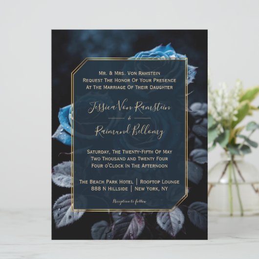 Bourgogne Blauwe Rozen Bruiloft Kaart (Staand voorkant)