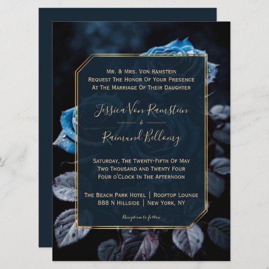 Bourgogne Blauwe Rozen Bruiloft Kaart (Voorkant / Achterkant)