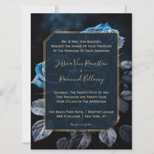 Bourgogne Blauwe Rozen Bruiloft Kaart (Voorkant)