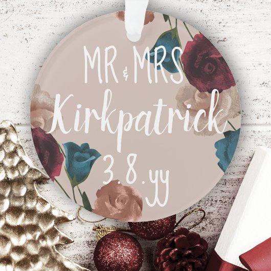 Bourgogne, Blauwgroen, Beige Bruiloft Rozen Kerstc Ornament