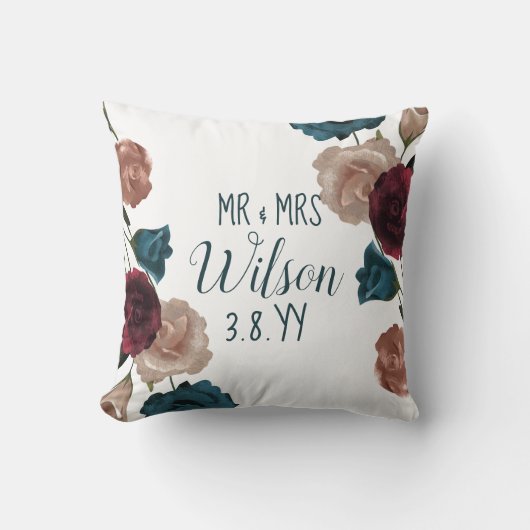 Bourgogne, Blauwgroen, Beige Bruiloft Rozen Pas ge Kussen (Voorkant)