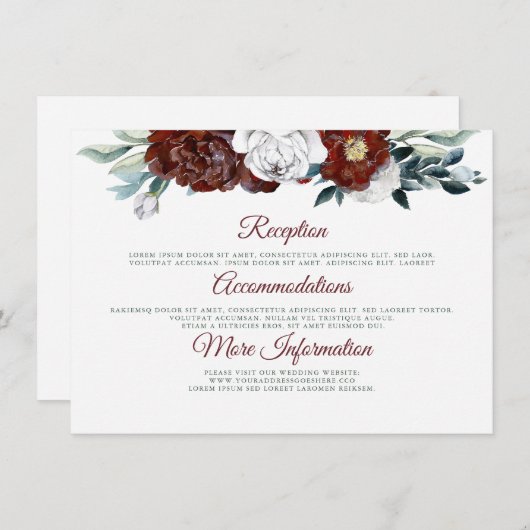 Bourgogne Blauwgroen en Witte bruiloft Informatie  Informatiekaartje (Voorkant / Achterkant)