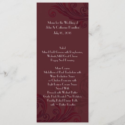 Bourgogne Bloeiende Skinny Wedding Table Menu (Voorkant)