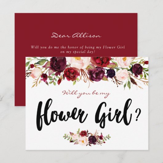 Bourgogne bloeit, word jij mijn Bloemenmeisje kaar Uitnodiging Briefkaart (Voorkant / Achterkant)