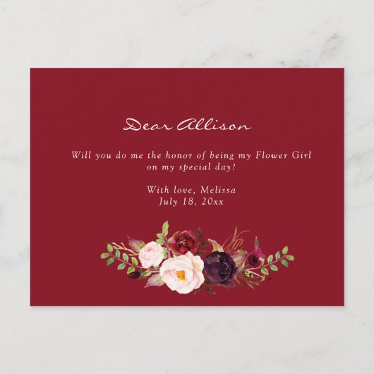 Bourgogne bloeit, word jij mijn Bloemenmeisje kaar Uitnodiging Briefkaart (Achterkant)