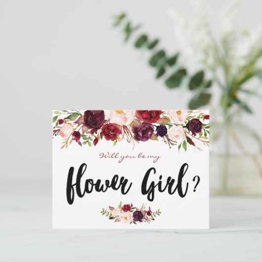 Bourgogne bloeit, word jij mijn Bloemenmeisje kaar Uitnodiging Briefkaart (Staand voorkant)